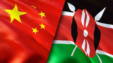 Çin ve Kenya bayrakları. 3 boyutlu dalgalanan bayrak tasarımı. Çin Kenya bayrağı, resim, duvar kağıdı. Çin Kenya 'ya karşı, görüntü 3 boyutlu. Çin Kenya ilişkileri ittifak ve ticaret, seyahat, turizm konsepti