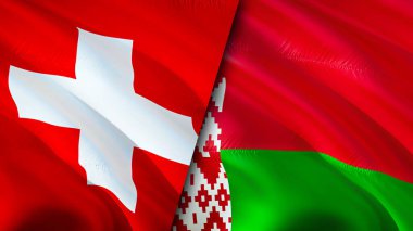 İsviçre ve Belarus bayrakları. 3 boyutlu dalgalanan bayrak tasarımı. İsviçre Belarus bayrağı, resim, duvar kağıdı. İsviçre, Belarus 'a karşı, görüntü 3 boyutlu. İsviçre Belarus ilişkileri ittifakı