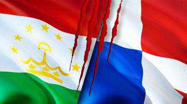 Tacikistan ve Panama bayraklarında yara izi var. Dalgalanan bayrak, 3 boyutlu görüntüleme. Tacikistan ve Panama çatışma konsepti. Tacikistan Panama ilişkileri kavramı. Tacikistan bayrağı ve Panama krizi, savaş, attac