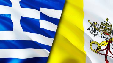 Yunanistan ve Vatikan bayrakları. 3 boyutlu dalgalanan bayrak tasarımı. Yunanistan Vatikan bayrağı, resim, duvar kağıdı. Yunanistan, Vatikan 'a karşı, 3 boyutlu görüntüleme. Yunanistan Vatikan ilişkileri ittifak ve ticaret, seyahat ve turizm consepti