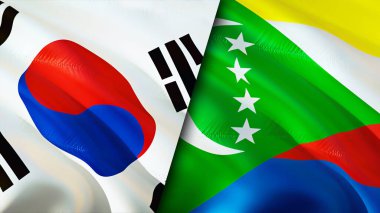 Güney Kore ve Komoros bayrakları. 3 boyutlu dalgalanan bayrak tasarımı. Güney Kore Comoros bayrağı, resim, duvar kağıdı. Güney Kore, Comoros 'a karşı, görüntü 3 boyutlu. Güney Kore Komoros ilişkileri