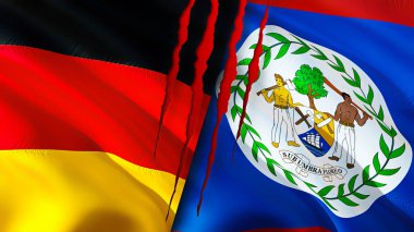 Almanya ve Belize bayrakları yara izi konseptiyle. Dalgalanan bayrak, 3 boyutlu görüntüleme. Almanya ve Belize çatışma konsepti. Almanya ilişkileri Belize eder. Almanya bayrağı ve Belize krizi, savaş, saldırı konsepti