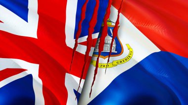 Birleşik Krallık ve yara izi olan Sint Maarten bayrakları. Dalgalanan bayrak, 3 boyutlu görüntüleme. Birleşik Krallık ve Sint Maarten çatışma konsepti. Birleşik Krallık Sint Maarten ilişkileri kavramı. Birleşme bayrağı