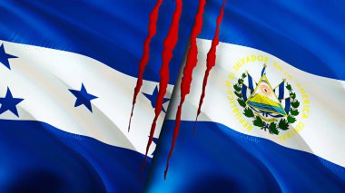 Honduras ve El Salvador yara izi olan bayraklar. 3D bayrak sallama. Honduras ve El Salvador çatışma konsepti. Honduras El Salvador ilişkileri kavramı. Honduras ve El Salvado bayrağı