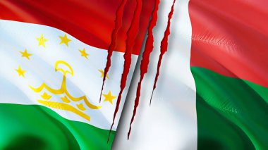 Tacikistan ve Madagaskar bayrakları ve yara izi konsepti. Dalgalanan bayrak, 3 boyutlu görüntüleme. Tacikistan ve Madagaskar çatışma konsepti. Tacikistan Madagaskar ilişkileri kavramı. Tacikistan ve Madagasca bayrağı