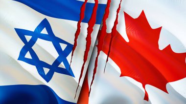 Yara izi olan İsrail ve Kanada bayrakları. Dalgalanan bayrak, 3 boyutlu görüntüleme. İsrail ve Kanada çatışma konsepti. İsrail Kanada ilişkileri kavramı. İsrail ve Kanada bayrağı krizi, savaş, saldırı konsepti