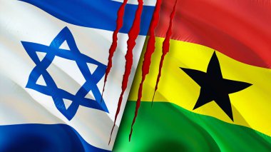 Yara izi olan İsrail ve Gana bayrakları. Dalgalanan bayrak, 3 boyutlu görüntüleme. İsrail ve Gana çatışma konsepti. İsrail Gana ilişkileri kavramı. İsrail ve Gana bayrağı krizi, savaş, saldırı konsepti