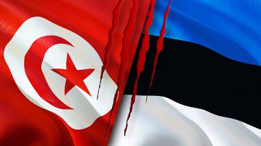 Yara izi olan Tunus ve Estonya bayrakları. Dalgalanan bayrak, 3 boyutlu görüntüleme. Tunus ve Estonya çatışma konsepti. Tunus Estonya ilişkileri kavramı. Tunus ve Estonya bayrağı krizi, savaş, saldırı konsepti