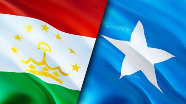 Tacikistan ve Somali bayrakları. 3 boyutlu dalgalanan bayrak tasarımı. Tacikistan Somali bayrağı, resim, duvar kağıdı. Tacikistan, Somali imajına karşı, 3D görüntüleme. Tacikistan Somali ilişkileri ittifakı