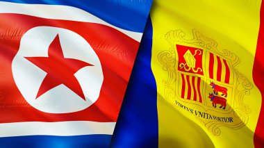Kuzey Kore ve Andorra bayrakları. 3 boyutlu dalgalanan bayrak tasarımı. Kuzey Kore Andorra bayrağı, resim, duvar kağıdı. Kuzey Kore, Andorra 'ya karşı, görüntü 3 boyutlu. Kuzey Kore Andorra ilişkileri