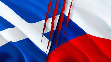 İskoçya ve yara izi olan Çek bayrakları. Dalgalanan bayrak, 3 boyutlu görüntüleme. İskoçya ve Çek çatışma konsepti. İskoçya Çek ilişkileri kavramı. İskoçya bayrağı ve Çek krizi, savaş, saldırı konsepti