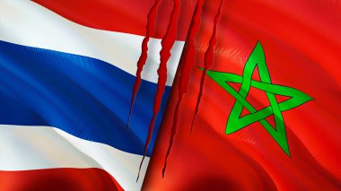 Yara izi olan Tayland ve Fas bayrakları. Dalgalanan bayrak, 3 boyutlu görüntüleme. Tayland ve Fas çatışması konsepti. Tayland Fas ilişkileri kavramı. Tayland bayrağı ve Fas krizi, savaş, attac