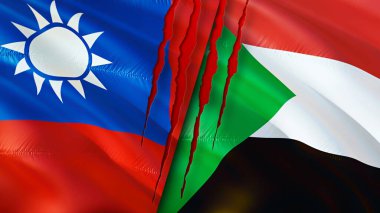 Yara izi olan Tayvan ve Sudan bayrakları. Dalgalanan bayrak, 3 boyutlu görüntüleme. Tayvan ve Sudan çatışma konsepti. Tayvan Sudan ilişkileri kavramı. Tayvan bayrağı ve Sudan krizi, savaş, saldırı konsepti