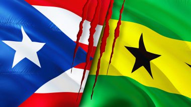 Porto Riko ve Sao Tome ve Principe bayrakları yara izi konseptiyle. Dalgalanan bayrak, 3 boyutlu görüntüleme. Porto Riko ve Sao Tome ve Principe çatışma konsepti. Porto Riko Sao Tome ve Principe ilişkileri kavramı