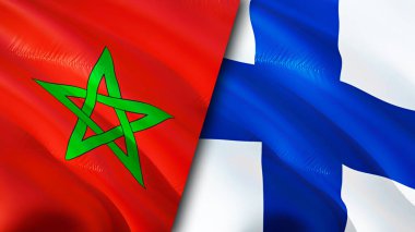 Fas ve Finlandiya bayrakları. 3 boyutlu dalgalanan bayrak tasarımı. Fas Fas bayrağı, resim, duvar kağıdı. Fas, Finlandiya 'ya karşı imaj, 3D görüntüleme. Fas-Finlandiya ilişkileri ittifak ve ticaret, seyahat, turizm danışmanlığı