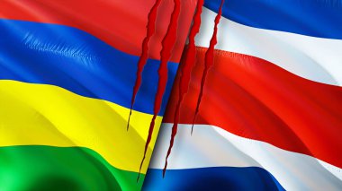 Yara izi olan Mauritius ve Kosta Rika bayrakları. Dalgalanan bayrak, 3 boyutlu görüntüleme. Mauritius ve Kosta Rika çatışma konsepti. Mauritius Kosta Rika ilişkileri kavramı. Mauritius ve Costa Ric bayrağı