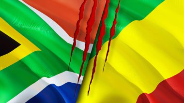Güney Afrika ve Kongo bayraklarında yara izi var. Dalgalanan bayrak, 3 boyutlu görüntüleme. Güney Afrika ve Kongo çatışma konsepti. Güney Afrika Kongo ilişkileri kavramı. Güney Afrika bayrağı ve Kongo krizi, savaş