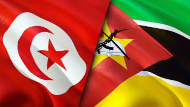 Tunus ve Mozambik bayrakları. 3 boyutlu dalgalanan bayrak tasarımı. Tunus Mozambik bayrağı, resim, duvar kağıdı. Tunus, Mozambik 'e karşı, görüntü 3 boyutlu. Tunus Mozambik ilişkiler ittifakı