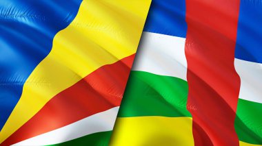 Seyşeller ve Orta Afrika Cumhuriyeti bayrakları. 3 boyutlu dalgalanan bayrak tasarımı. Seyşeller Orta Afrika Cumhuriyeti bayrağı, resim, duvar kağıdı. Seyşeller Orta Afrika Cumhuriyeti imajına karşı, 3D görüntüleme
