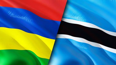 Mauritius ve Botswana bayrakları. 3 boyutlu dalgalanan bayrak tasarımı. Mauritius Botswana bayrağı, resim, duvar kağıdı. Mauritius Botswana 'ya karşı, görüntü 3 boyutlu. Mauritius Botswana İlişkiler Birliği