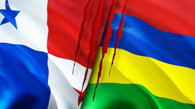 Panama ve Mauritius yara izi olan bayraklar. Dalgalanan bayrak, 3 boyutlu görüntüleme. Panama ve Mauritius çatışma konsepti. Panama Mauritius ilişkileri kavramı. Panama bayrağı ve Mauritius krizi, savaş, attac