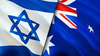 İsrail ve Avustralya bayrakları. 3 boyutlu dalgalanan bayrak tasarımı. İsrail Avustralya bayrağı, resim, duvar kağıdı. İsrail Avustralya 'ya karşı, görüntü 3D. İsrail Avustralya ilişkileri ittifak ve ticaret, seyahat, turnuva