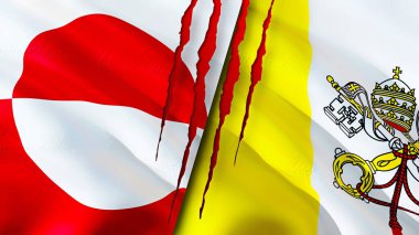 Yara izi olan Grönland ve Vatikan bayrakları. Dalgalanan bayrak, 3 boyutlu görüntüleme. Grönland ve Vatikan çatışma konsepti. Grönland Vatikan ilişkileri kavramı. Grönland bayrağı ve Vatikan krizi, savaş, attac