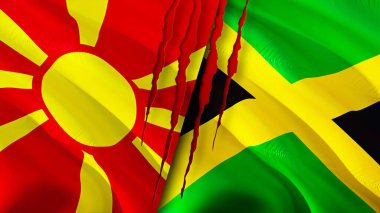 Yara izi kavramına sahip Kuzey Makedonya ve Jamaika bayrakları. Dalgalanan bayrak, 3 boyutlu görüntüleme. Kuzey Makedonya ve Jamaika ihtilafı kavramı. Kuzey Makedonya Jamaika ilişkileri kavramı. Kuzey Makedonya bayrağı