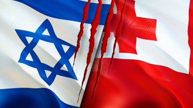 Yara izi olan İsrail ve Tonga bayrakları. Dalgalanan bayrak, 3 boyutlu görüntüleme. İsrail ve Tonga çatışma konsepti. İsrail Tonga ilişkileri kavramı. İsrail bayrağı ve Tonga krizi, savaş, saldırı konsepti
