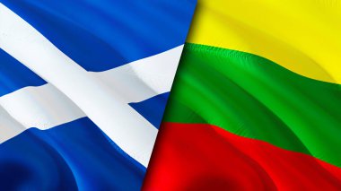 İskoçya ve Litvanya bayrakları. 3 boyutlu dalgalanan bayrak tasarımı. İskoçya Litvanya bayrağı, resim, duvar kağıdı. İskoçya, Litvanya 'ya karşı imajı, 3 boyutlu canlandırma. İskoçya Litvanya ilişkileri ittifakı