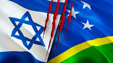 Yara izi olan İsrail ve Solomon Adaları bayrakları. Dalgalanan bayrak, 3 boyutlu görüntüleme. İsrail ve Solomon Adaları çatışma konsepti. İsrail Solomon Adaları ilişkileri kavramı. İsrail ve Solomo bayrağı