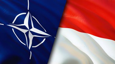 NATO ve Endonezya bayrakları. 3 boyutlu dalgalanan bayrak tasarımı. Endonezya NATO bayrağı, resim, duvar kağıdı. NATO, Endonezya 'ya karşı, görüntü 3 boyutlu. NATO Endonezya ilişkileri ittifak ve ticaret, seyahat, turizm konsepti