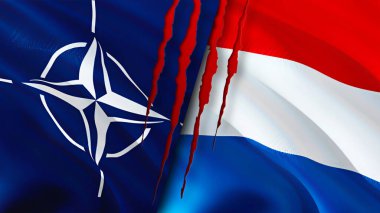 NATO ve Hollanda yara izi kavramına sahip bayraklar. Dalgalanan bayrak, 3 boyutlu görüntüleme. Hollanda ve NATO çatışma konsepti. NATO Hollanda ilişkileri kavramı. NATO ve Hollanda bayrağı krizi, savaş, attac