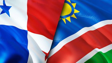 Panama ve Namibya bayrakları. 3 boyutlu dalgalanan bayrak tasarımı. Panama Namibya bayrağı, resim, duvar kağıdı. Panama, Namibya 'ya karşı, görüntü 3 boyutlu. Panama Namibya ilişkileri ittifak ve ticaret, seyahat, turizm konsepti