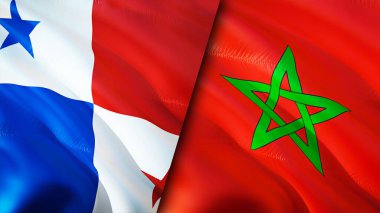 Panama ve Fas bayrakları. 3 boyutlu dalgalanan bayrak tasarımı. Panama Fas bayrağı, resim, duvar kağıdı. Panama, Fas 'a karşı, görüntü 3 boyutlu. Panama Fas ilişkileri ittifak ve ticaret, seyahat, turizm konsepti