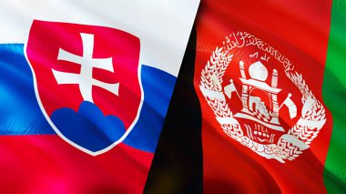 Slovakya ve Afganistan bayrakları. 3 boyutlu dalgalanan bayrak tasarımı. Slovakya Afganistan bayrağı, resim, duvar kağıdı. Slovakya, Afganistan imajına karşı, 3 boyutlu görüntüleme. Slovakya - Afganistan ilişkileri