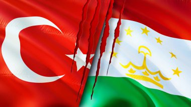 Yara izi olan Türkiye ve Tacikistan bayrakları. Dalgalanan bayrak, 3 boyutlu görüntüleme. Türkiye ve Tacikistan çatışma konsepti. Türkiye Tacikistan ilişkileri kavramı. Türkiye bayrağı ve Tacikistan krizi, savaş, attac