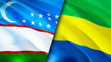 Özbekistan ve Gabon bayrakları. 3 boyutlu dalgalanan bayrak tasarımı. Özbekistan Gabon bayrağı, resim, duvar kağıdı. Özbekistan, Gabon 'a karşı, görüntü 3 boyutlu. Özbekistan Gabon ilişkileri ittifak ve ticaret, seyahat, turnuva