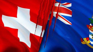 İsviçre ve Cayman Adaları yara izi olan bayraklar. Dalgalanan bayrak, 3 boyutlu görüntüleme. İsviçre ve Cayman Adaları çatışma konsepti. İsviçre Cayman Adaları ilişkileri kavramı. İsviçre bayrağı