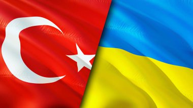 Türkiye ve Ukrayna bayrakları. 3 boyutlu dalgalanan bayrak tasarımı. Ukrayna bayrağı, resim, duvar kağıdı. Türkiye, Ukrayna imajına karşı, 3D görüntüleme. Türkiye Ukrayna ilişkileri ittifak ve ticaret, seyahat, turizm consepti