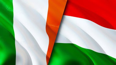 İrlanda ve Macaristan bayrakları. 3 boyutlu dalgalanan bayrak tasarımı. İrlanda Macaristan bayrağı, resim, duvar kağıdı. İrlanda, Macaristan 'a karşı, görüntü 3D. İrlanda Macaristan ilişkileri savaş ittifakı kavramı. Ticaret, turnuva