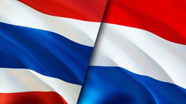 Tayland ve Hollanda bayrakları. 3 boyutlu dalgalanan bayrak tasarımı. Tayland bayrağı, resim, duvar kağıdı. Tayland, Hollanda 'ya karşı. Görüntü 3 boyutlu. Tayland Hollanda ilişkileri bir ittifak