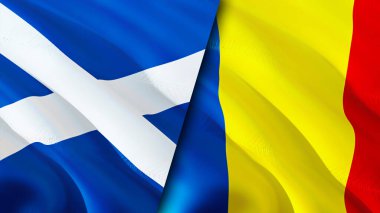 İskoçya ve Romanya bayrakları. 3 boyutlu dalgalanan bayrak tasarımı. İskoçya Romanya bayrağı, resim, duvar kağıdı. İskoçya, Romanya 'ya karşı imaj, 3D görüntüleme. İskoçya Romanya ilişkileri ittifak ve Ticaret, seyahat, turnuva