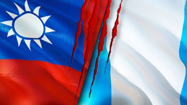 Yara izi olan Tayvan ve Guatemala bayrakları. Dalgalanan bayrak, 3 boyutlu görüntüleme. Tayvan ve Guatemala çatışma konsepti. Tayvan Guatemala ilişkileri kavramı. Tayvan bayrağı ve Guatemala krizi, savaş, attac