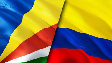 Seyşeller ve Kolombiya bayrakları. 3 boyutlu dalgalanan bayrak tasarımı. Seyşeller Kolombiya bayrağı, resim, duvar kağıdı. Seyşeller Kolombiya 'ya karşı, görüntü 3 boyutlu. Seyşeller Kolombiya İlişkiler Birliği
