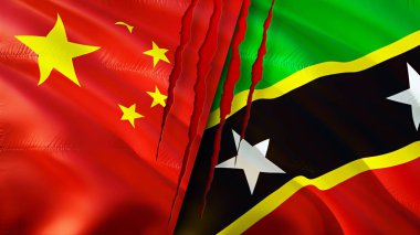 Çin, Saint Kitts ve yara izi olan Nevis bayrakları. Dalgalanan bayrak, 3 boyutlu görüntüleme. Çin ve Saint Kitts ve Nevis çatışma konsepti. Çin Saint Kitts ve Nevis ilişkileri kavramı. Çin bayrağı
