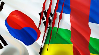 Güney Kore ve Orta Afrika Cumhuriyeti yara izi kavramına sahip bayraklar. Dalgalanan bayrak, 3 boyutlu görüntüleme. Güney Kore ve Orta Afrika Cumhuriyeti çatışma konsepti. Güney Kore Orta Afrika Cumhuriyeti ilişkileri