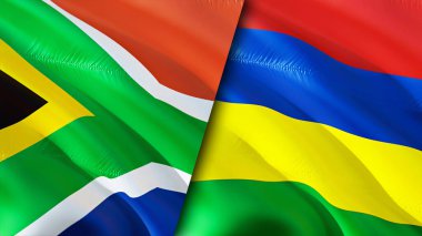 Güney Afrika ve Mauritius bayrakları. 3 boyutlu dalgalanan bayrak tasarımı. Güney Afrika Mauritius bayrağı, resim, duvar kağıdı. Güney Afrika, Mauritius 'a karşı, görüntü 3 boyutlu. Güney Afrika Mauritius ilişkiler ittifakı