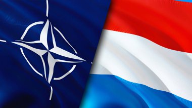 NATO ve Lüksemburg bayrakları. 3 boyutlu dalgalanan bayrak tasarımı. Lüksemburg NATO bayrağı, resim, duvar kağıdı. NATO, Lüksemburg 'a karşı, görüntü 3 boyutlu. NATO Lüksemburg ilişkileri ittifak ve ticaret, seyahat, turizm konsepti