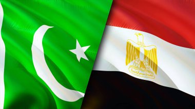Pakistan ve Mısır bayrakları. 3 boyutlu dalgalanan bayrak tasarımı. Pakistan bayrağı, resim, duvar kağıdı. Pakistan, Mısır 'a karşı, görüntü 3 boyutlu. Mısır ilişkileri ittifak ve ticaret, seyahat, turizm konsepti